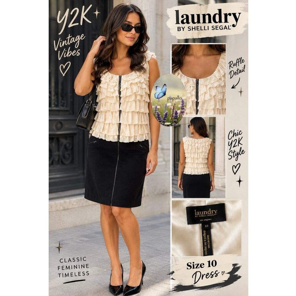 Y2K  Ivory Satin Ruffle Full Zip Sleeveless Dress 10